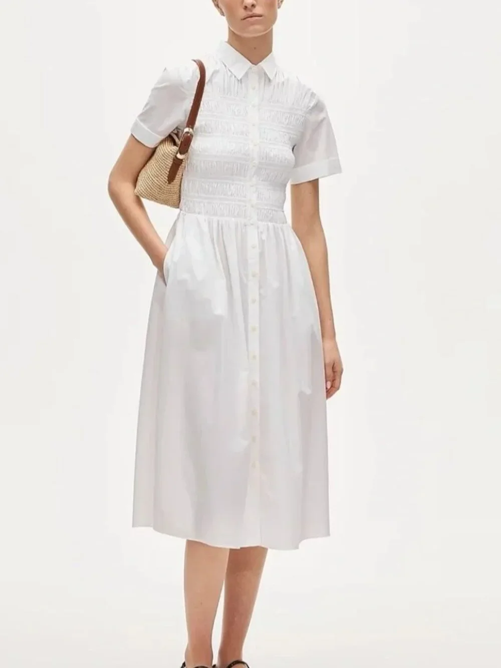 NWT J.Crew Petite Elsie Shirt-Dress MP White Smocked Midi Cotton Poplin A-Line